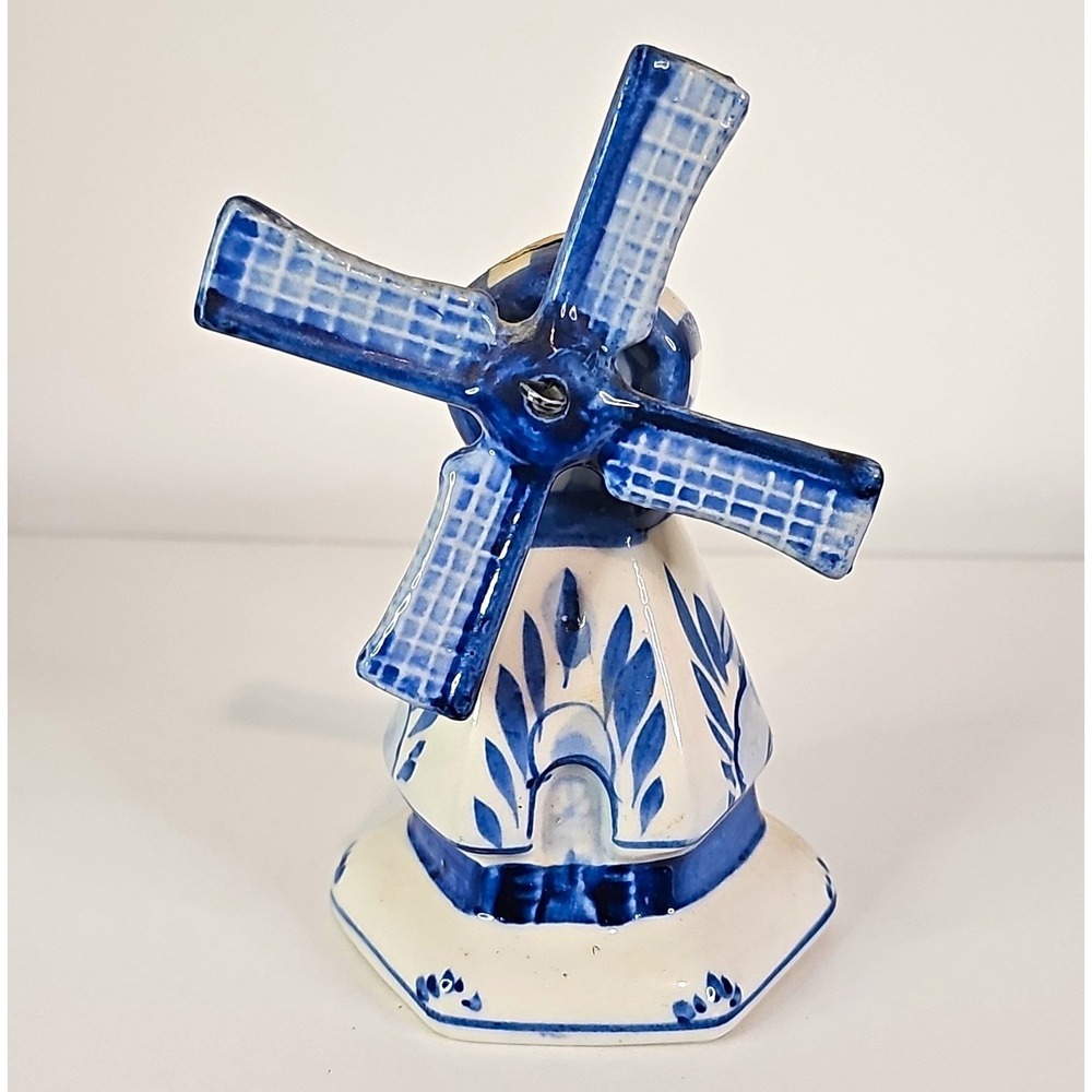 Hand Blue Ceramic Windmill Bell Figurine Blue White Striped 1970s Holland